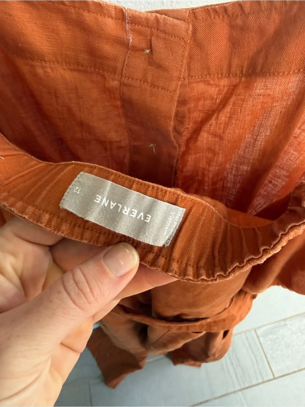 Everlane Burnt Orange Button-Front Linen Jumpsuit with Tie Belt